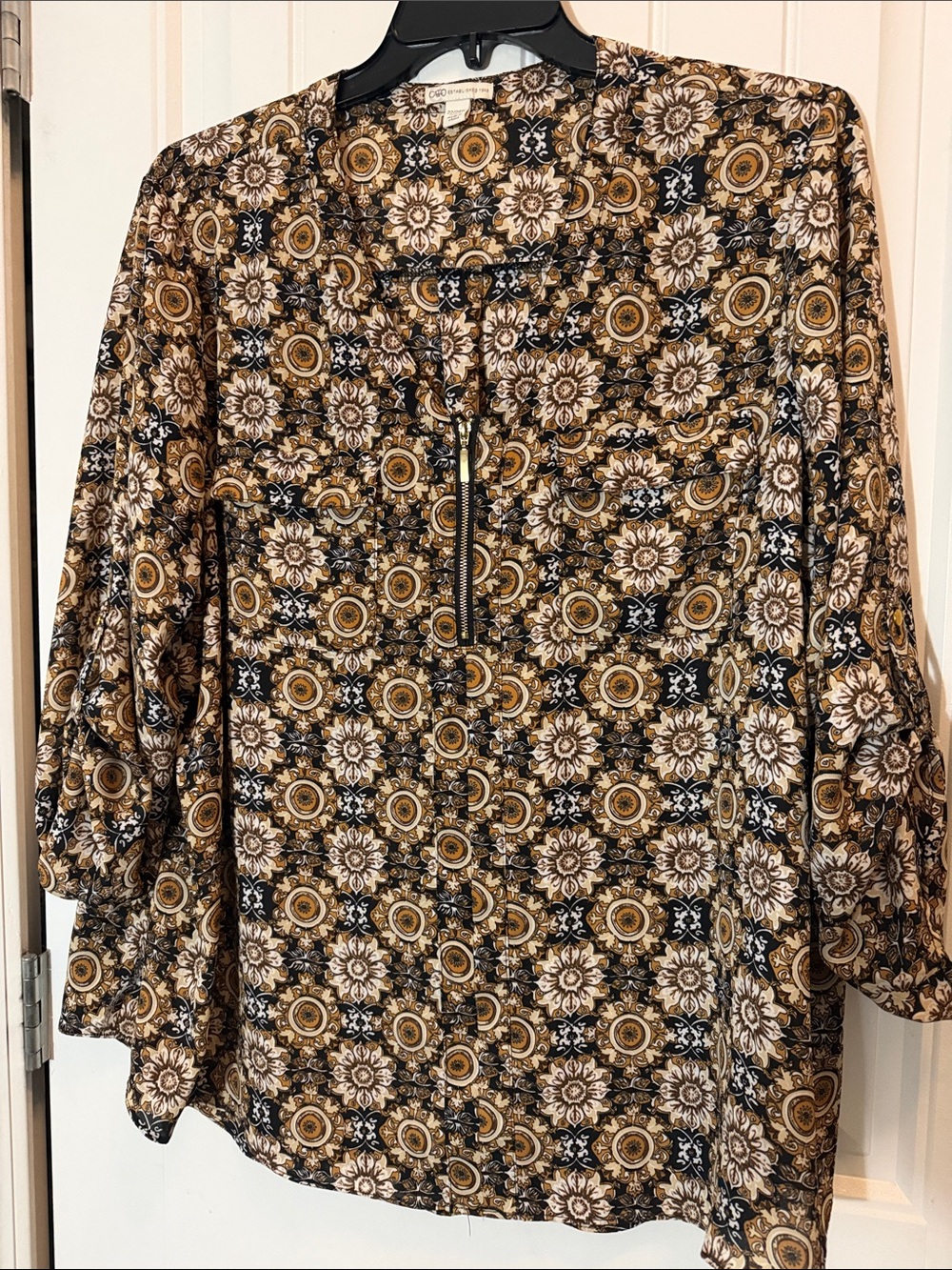 Cato Brown Black and Mustard Floral-Mandala Zip Front Blouse - Picture 1 of 1